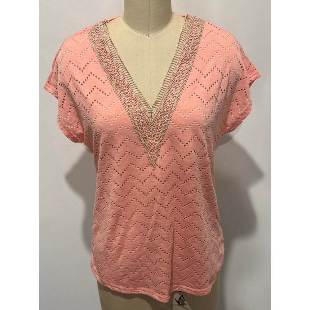 Women's SHEIN Coral laser cut V-Neck embroidered trim Short Sleeve Tee S